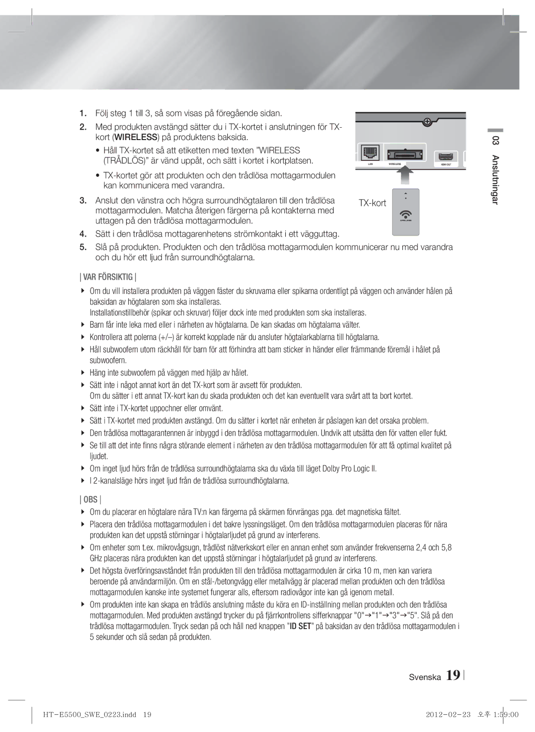 Samsung HT-E5550/XE, HT-E5500/XE, HT-E5530/XE manual TX-kort, VAR Försiktig 