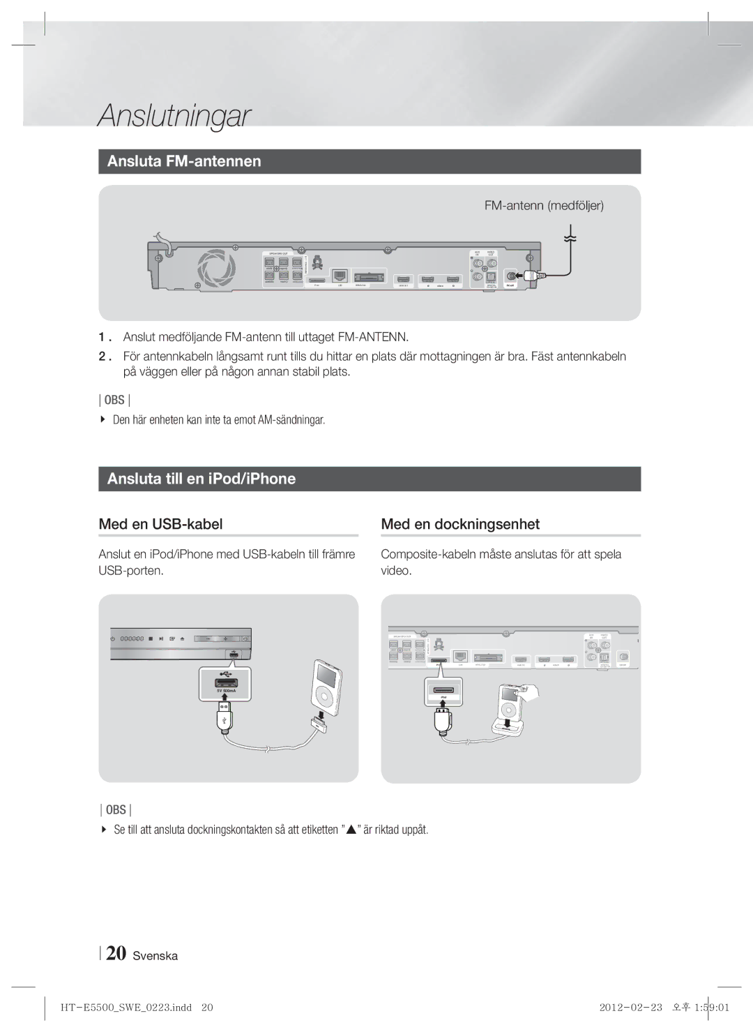 Samsung HT-E5530/XE, HT-E5500/XE Ansluta FM-antennen, Ansluta till en iPod/iPhone, Med en USB-kabel Med en dockningsenhet 