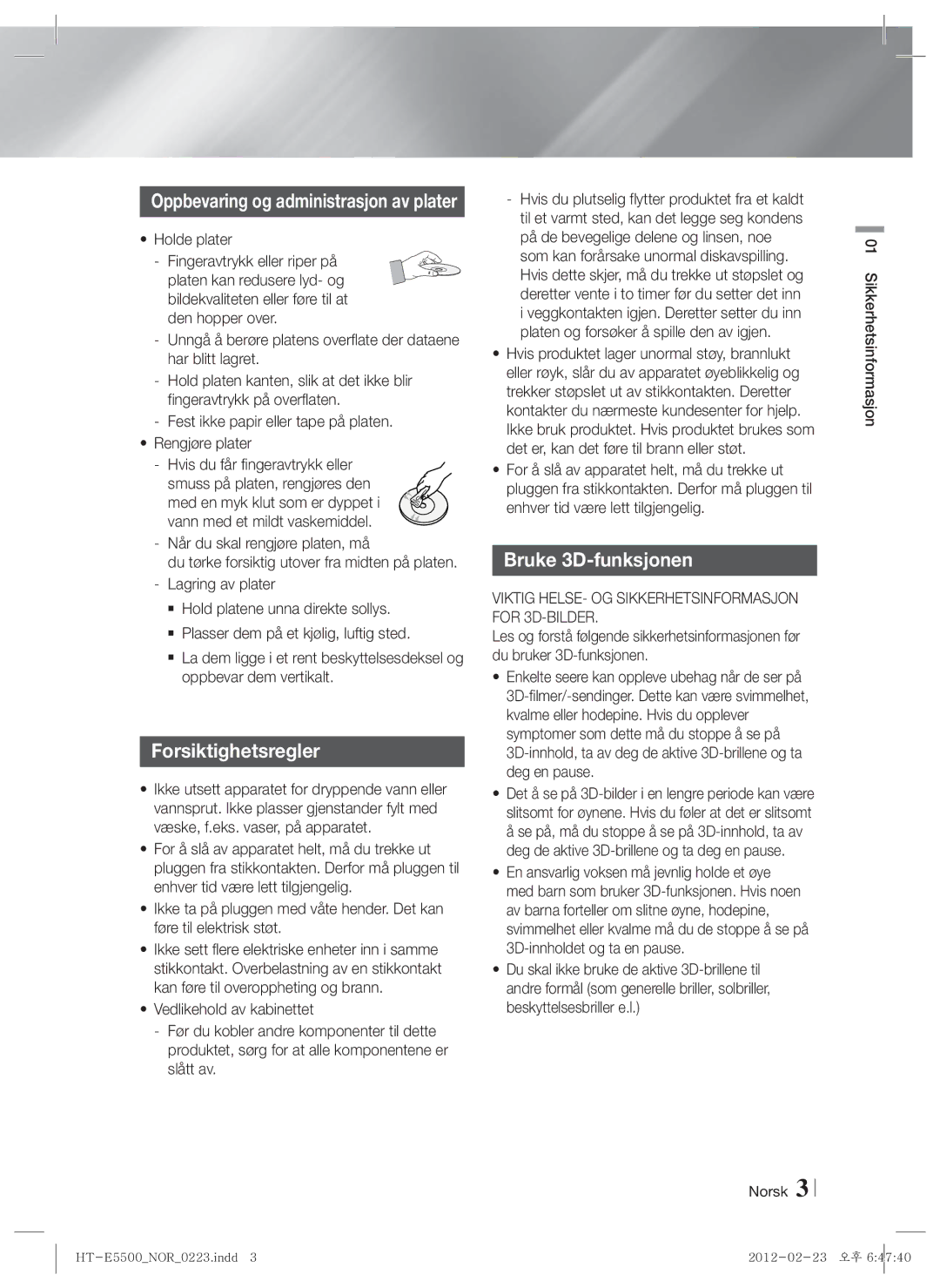 Samsung HT-E5500/XE, HT-E5550/XE, HT-E5530/XE manual Forsiktighetsregler, Bruke 3D-funksjonen, Holde plater 