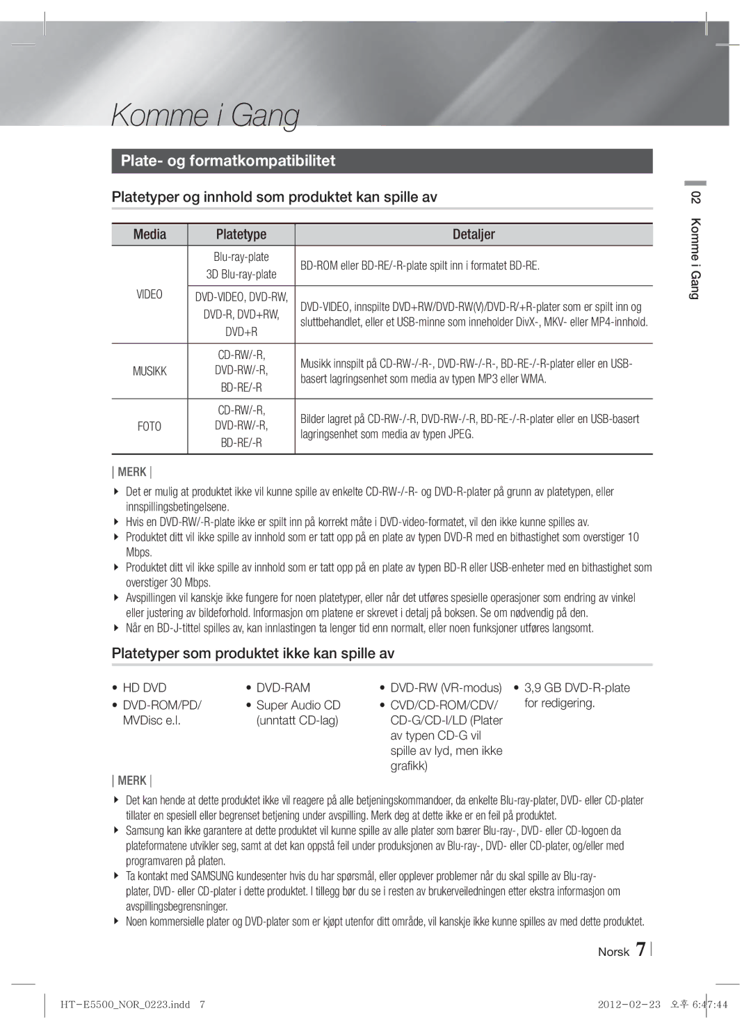 Samsung HT-E5550/XE manual Komme i Gang, Plate- og formatkompatibilitet, Platetyper og innhold som produktet kan spille av 