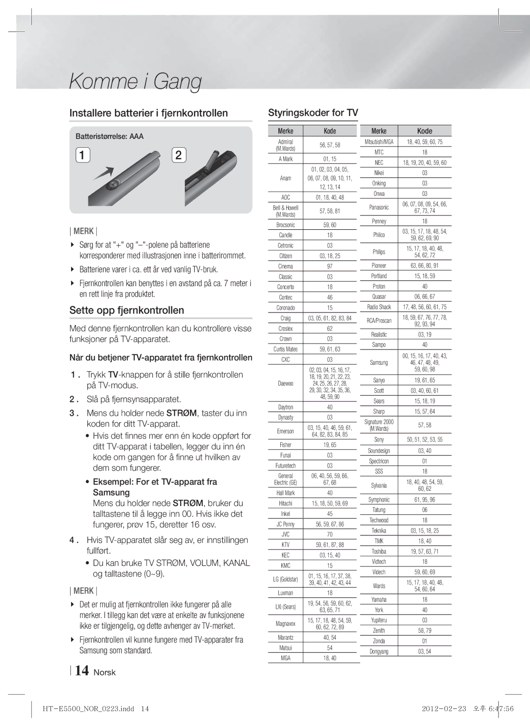 Samsung HT-E5530/XE Installere batterier i fjernkontrollen, Sette opp fjernkontrollen, Styringskoder for TV, Merke Kode 