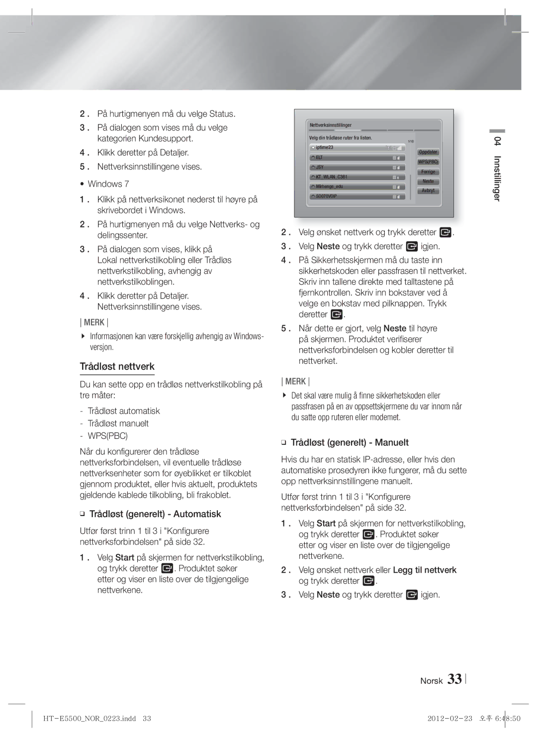 Samsung HT-E5500/XE, HT-E5550/XE, HT-E5530/XE manual Trådløst nettverk, Trådløst generelt Automatisk 