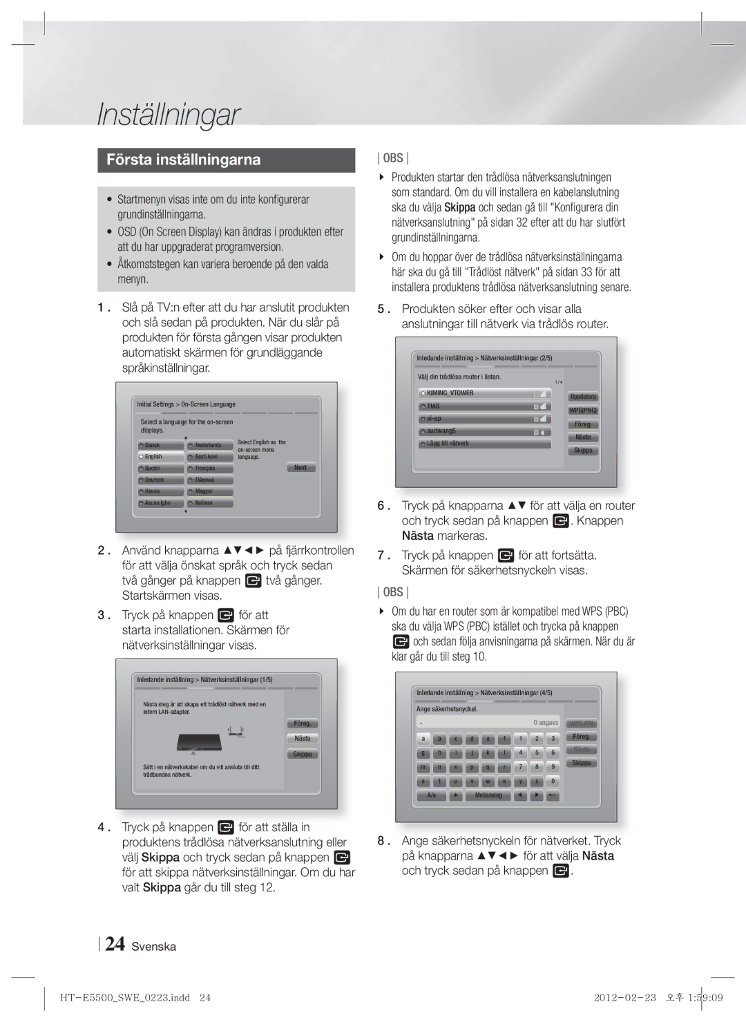 Samsung HT-E5500/XE manual Inställningar, Första inställningarna, Åtkomststegen kan variera beroende på den valda menyn 