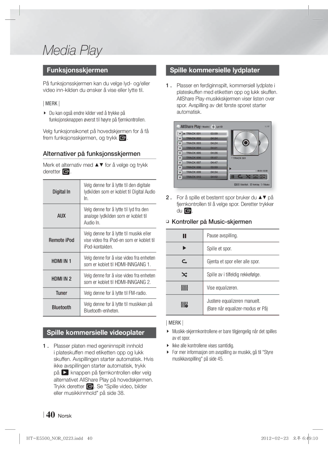 Samsung HT-E5550/XE, HT-E5500/XE manual Funksjonsskjermen, Alternativer på funksjonsskjermen, Spille kommersielle lydplater 