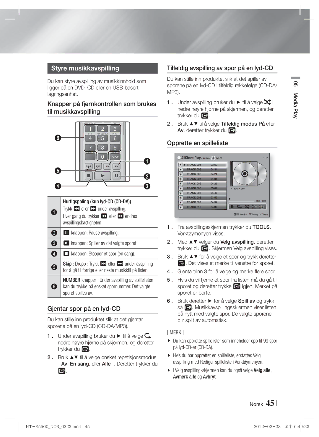 Samsung HT-E5500/XE, HT-E5550/XE manual Styre musikkavspilling, Knapper på fjernkontrollen som brukes til musikkavspilling 