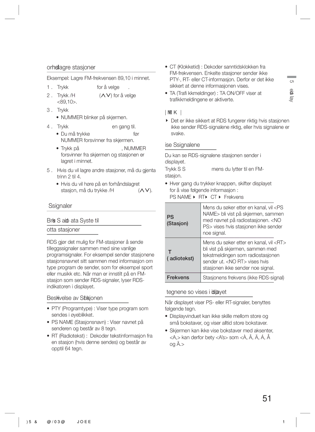 Samsung HT-E5500/XE, HT-E5550/XE, HT-E5530/XE manual Forhåndslagre stasjoner, Om RDS-signaler 