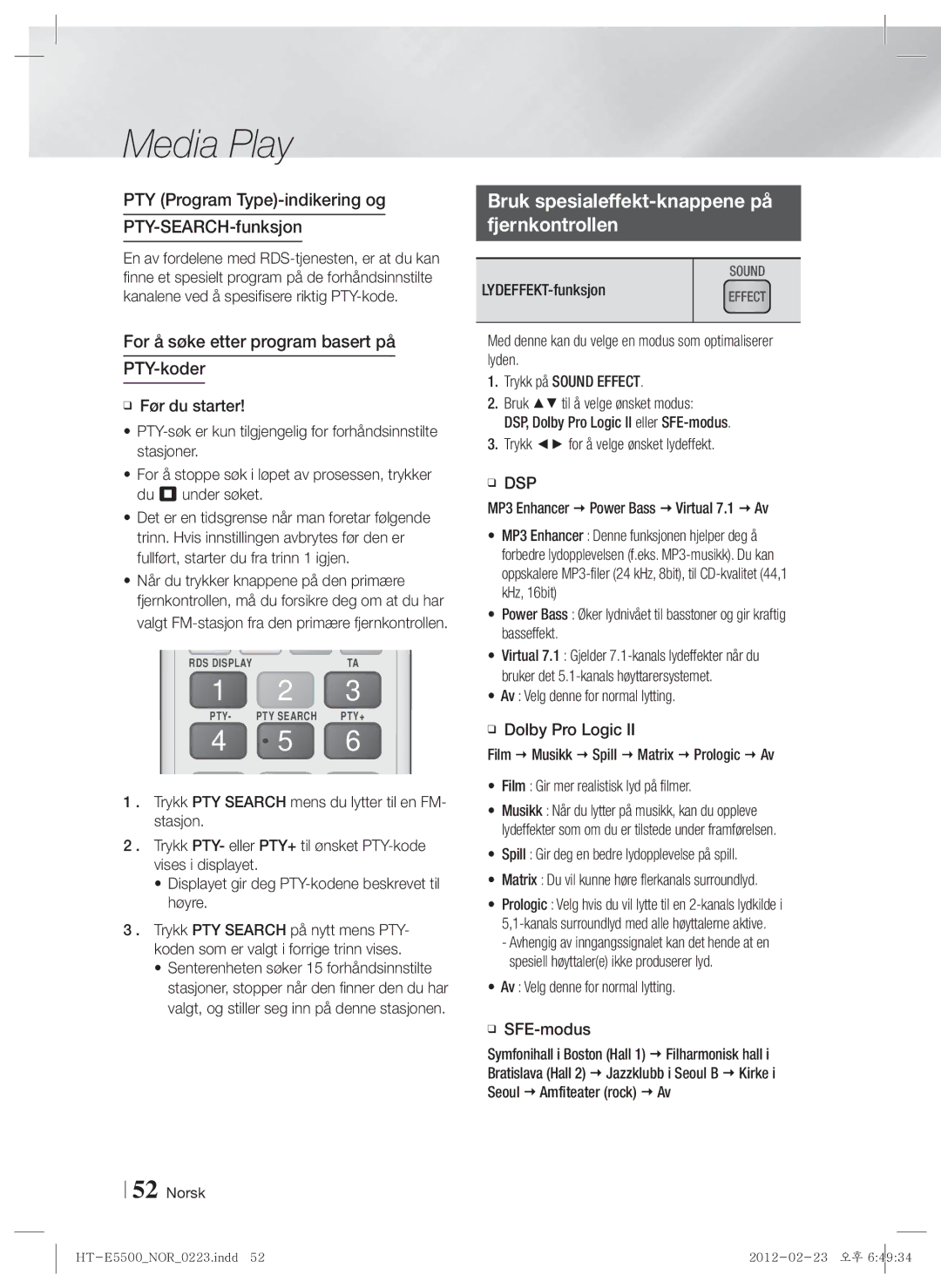 Samsung HT-E5550/XE Bruk spesialeffekt-knappene på Fjernkontrollen, PTY Program Type-indikering og PTY-SEARCH-funksjon 