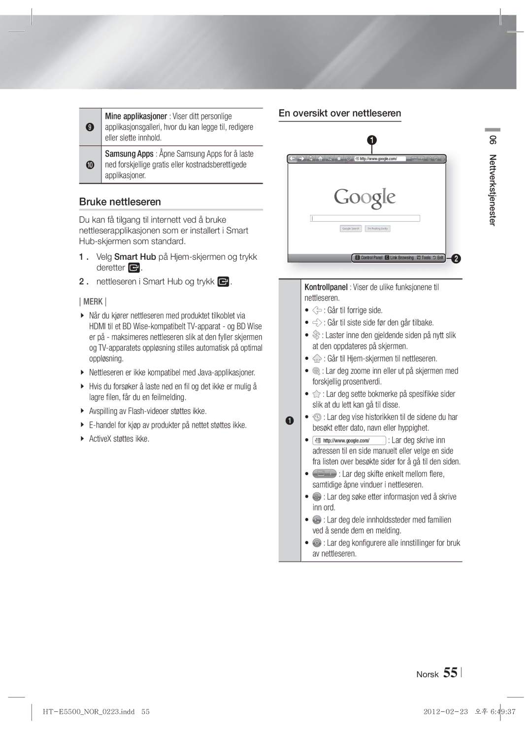 Samsung HT-E5550/XE, HT-E5500/XE, HT-E5530/XE manual Bruke nettleseren, En oversikt over nettleseren 