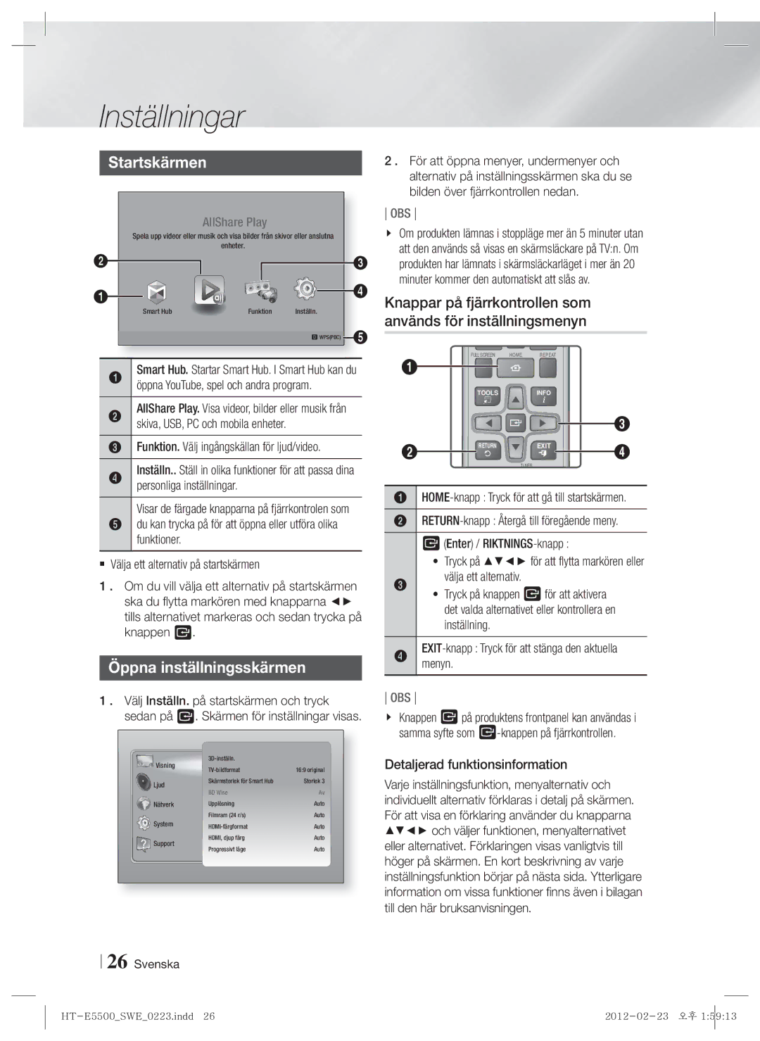 Samsung HT-E5530/XE, HT-E5500/XE, HT-E5550/XE manual Startskärmen, Öppna inställningsskärmen, Detaljerad funktionsinformation 