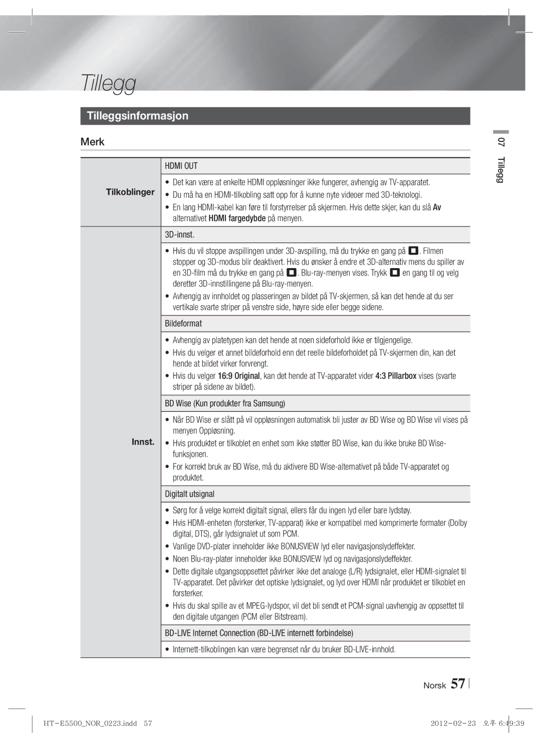 Samsung HT-E5500/XE, HT-E5550/XE, HT-E5530/XE manual Tilleggsinformasjon, Merk, Hdmi OUT, 3D-innst 