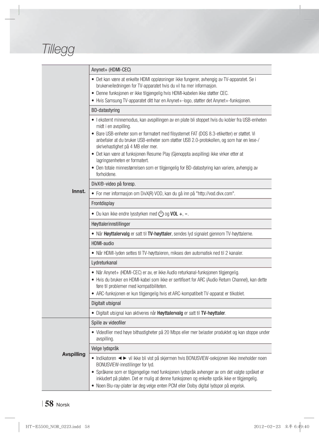 Samsung HT-E5550/XE, HT-E5500/XE, HT-E5530/XE manual Anynet+ HDMI-CEC, Avspilling 