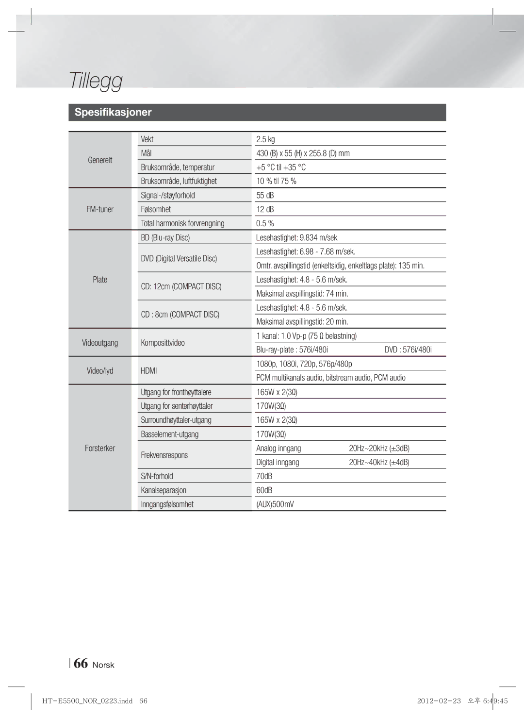 Samsung HT-E5500/XE, HT-E5550/XE, HT-E5530/XE manual Spesifikasjoner 