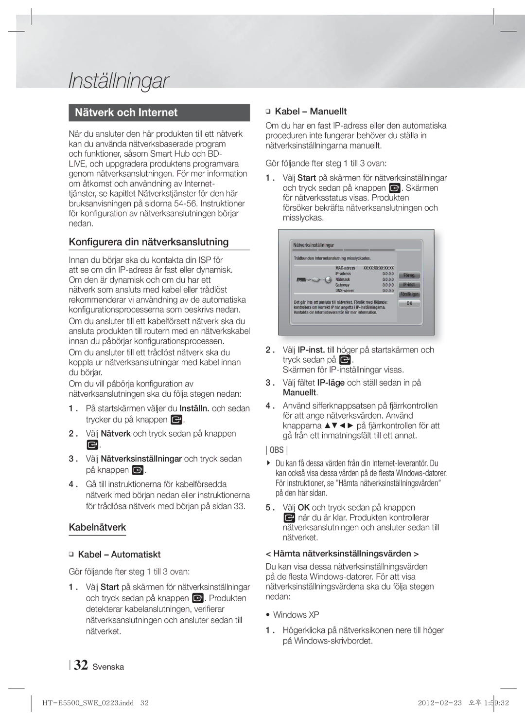 Samsung HT-E5530/XE, HT-E5500/XE, HT-E5550/XE manual Nätverk och Internet, Konfigurera din nätverksanslutning, Kabelnätverk 