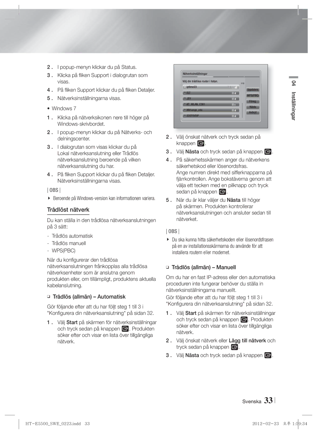 Samsung HT-E5500/XE, HT-E5550/XE manual Trådlöst nätverk, Popup-menyn klickar du på Nätverks- och delningscenter, Wpspbc 