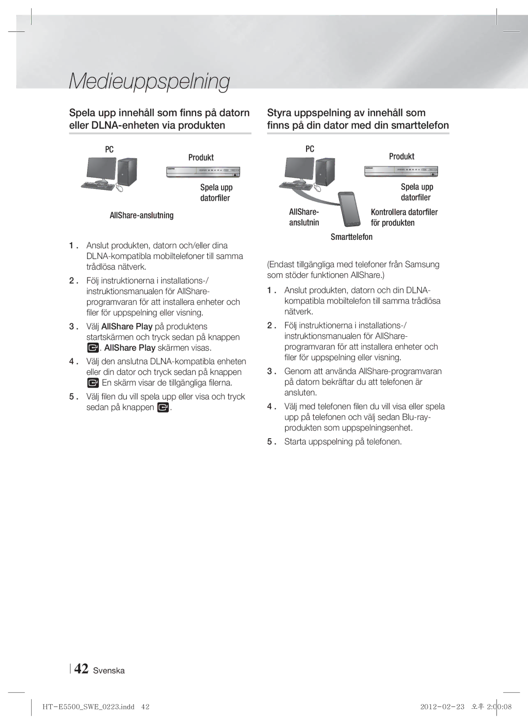 Samsung HT-E5500/XE, HT-E5550/XE manual Produkt, AllShare Datorfiler, Starta uppspelning på telefonen, Spela upp datorfiler 