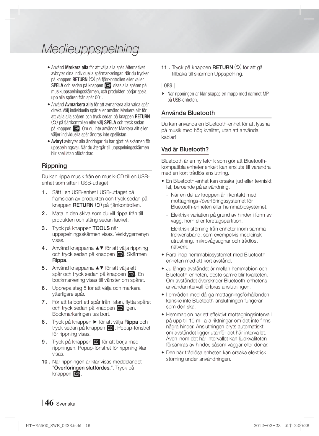 Samsung HT-E5550/XE, HT-E5500/XE, HT-E5530/XE manual Rippning, Använda Bluetooth, Vad är Bluetooth? 