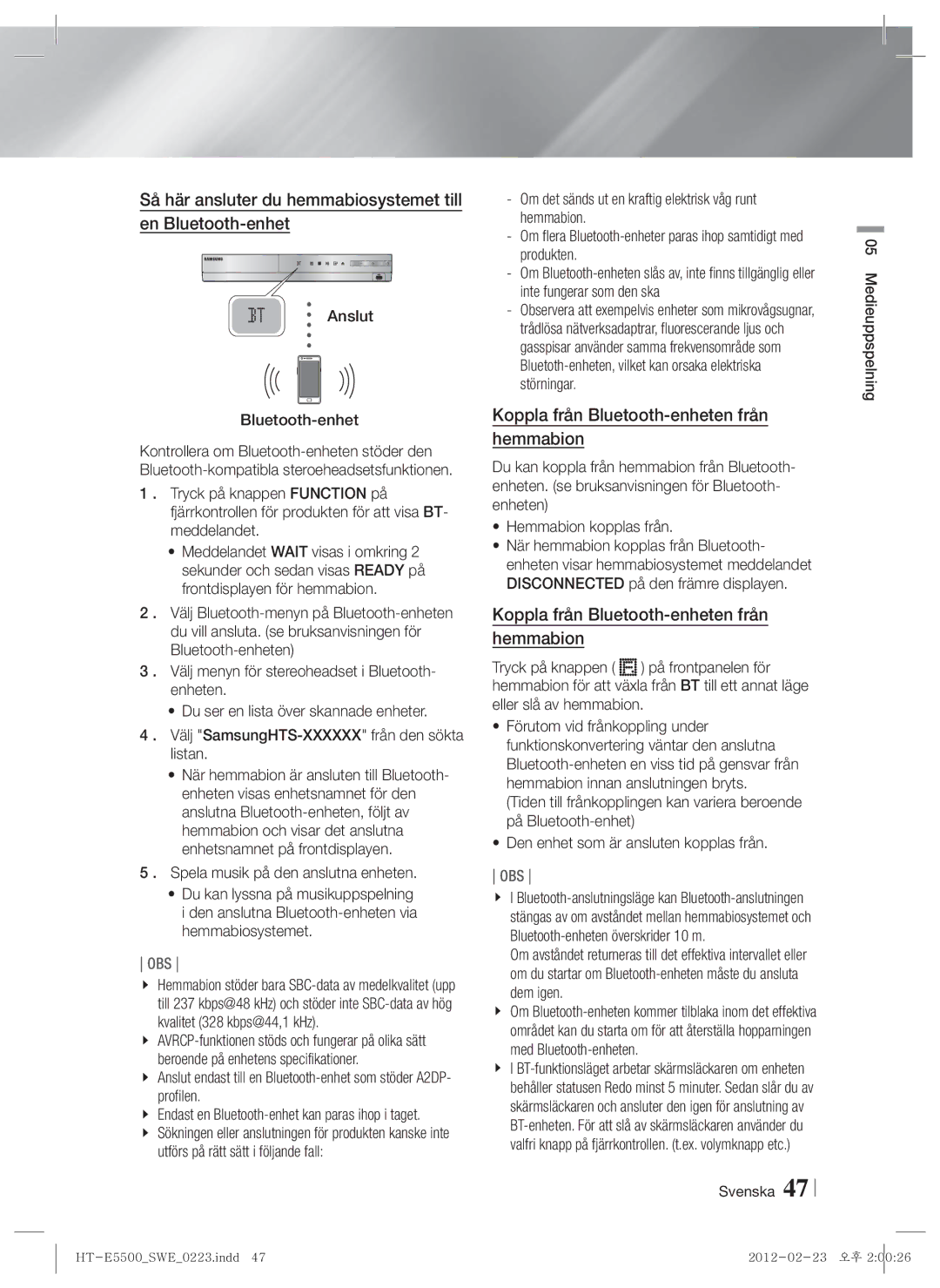 Samsung HT-E5530/XE, HT-E5500/XE manual Så här ansluter du hemmabiosystemet till en Bluetooth-enhet, Anslut Bluetooth-enhet 