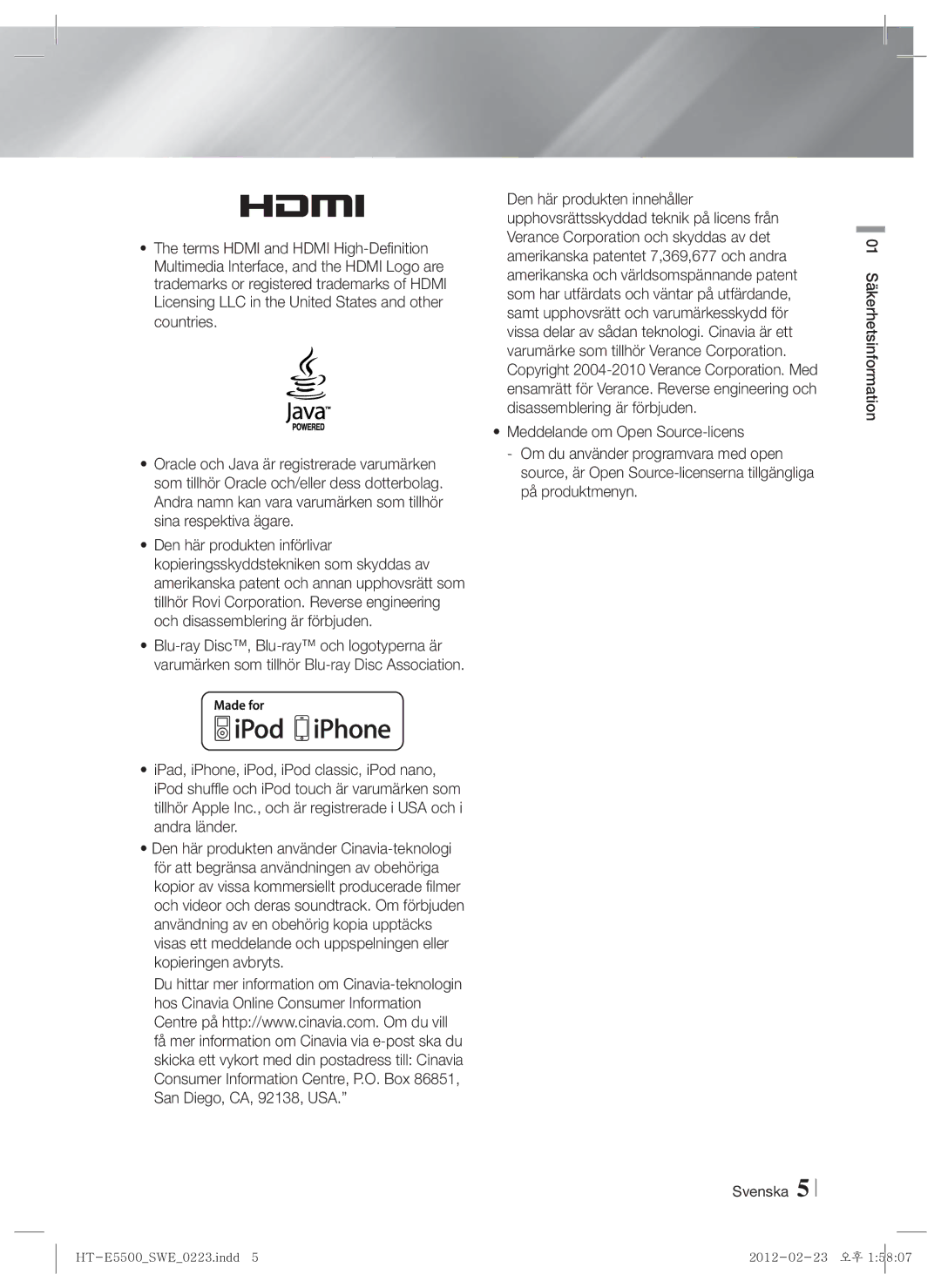 Samsung HT-E5530/XE, HT-E5500/XE, HT-E5550/XE manual 01 Säkerhetsinformation Svenska 