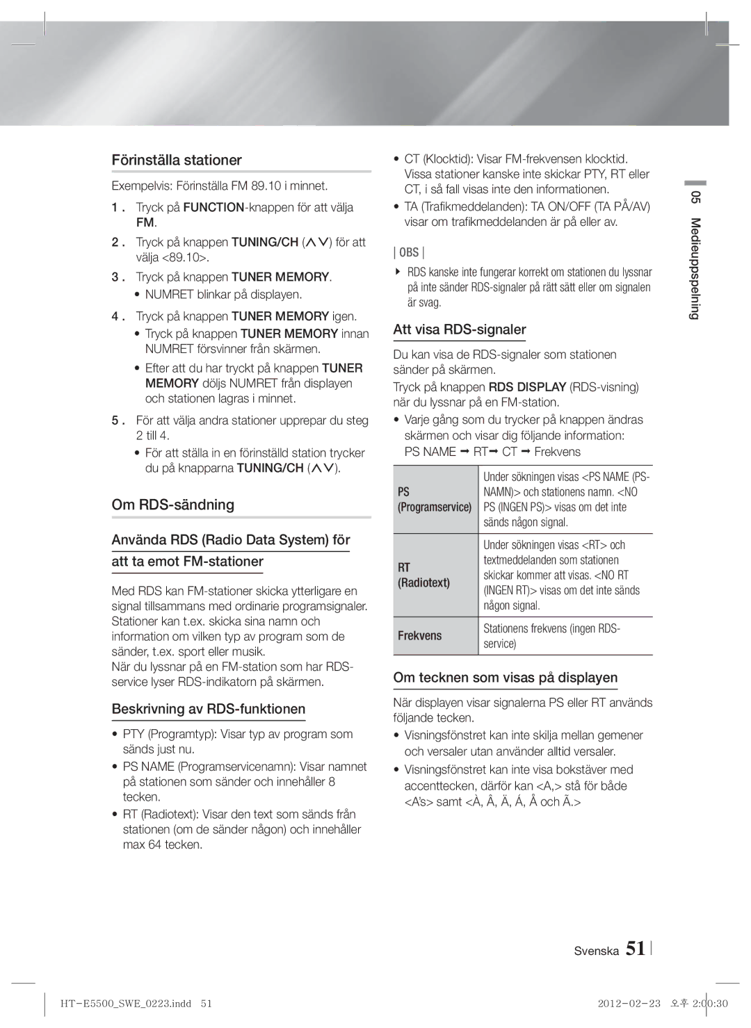 Samsung HT-E5500/XE, HT-E5550/XE, HT-E5530/XE manual Förinställa stationer, Om RDS-sändning 