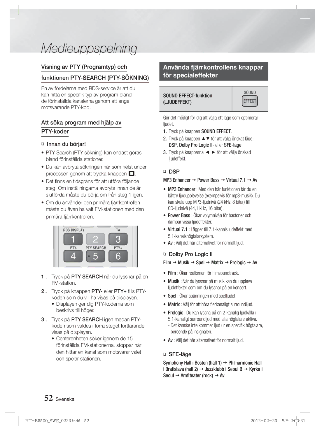 Samsung HT-E5550/XE Använda fjärrkontrollens knappar För specialeffekter, Att söka program med hjälp av PTY-koder, Dsp 