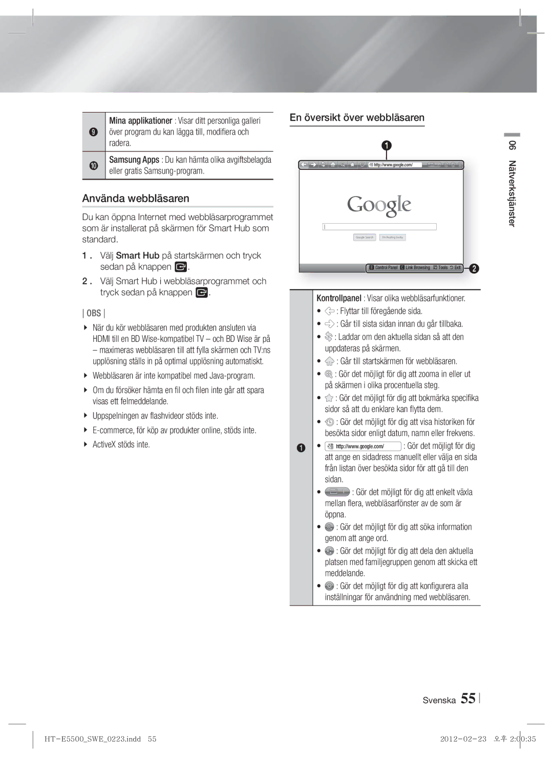 Samsung HT-E5550/XE, HT-E5500/XE, HT-E5530/XE manual Använda webbläsaren, En översikt över webbläsaren 