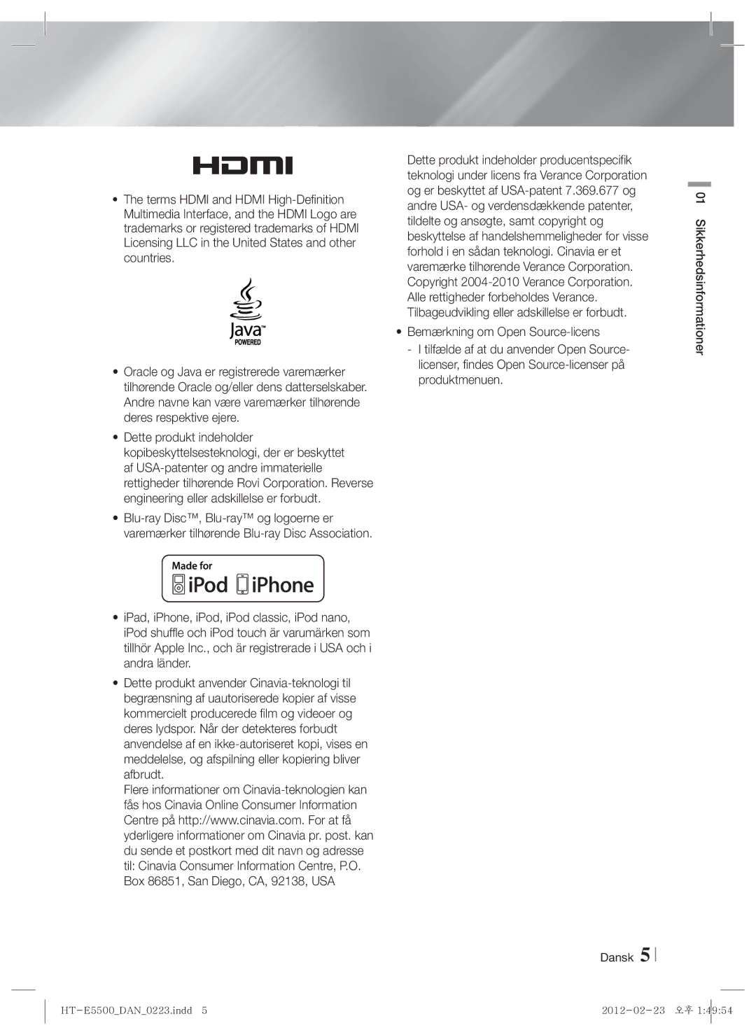 Samsung HT-E5550/XE, HT-E5500/XE, HT-E5530/XE manual Dansk Sikkerhedsinformationer 