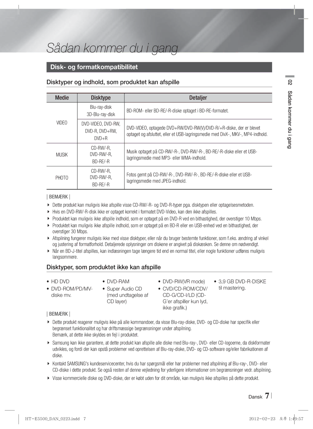 Samsung HT-E5500/XE Sådan kommer du i gang, Disk- og formatkompatibilitet, Disktyper, som produktet ikke kan afspille 