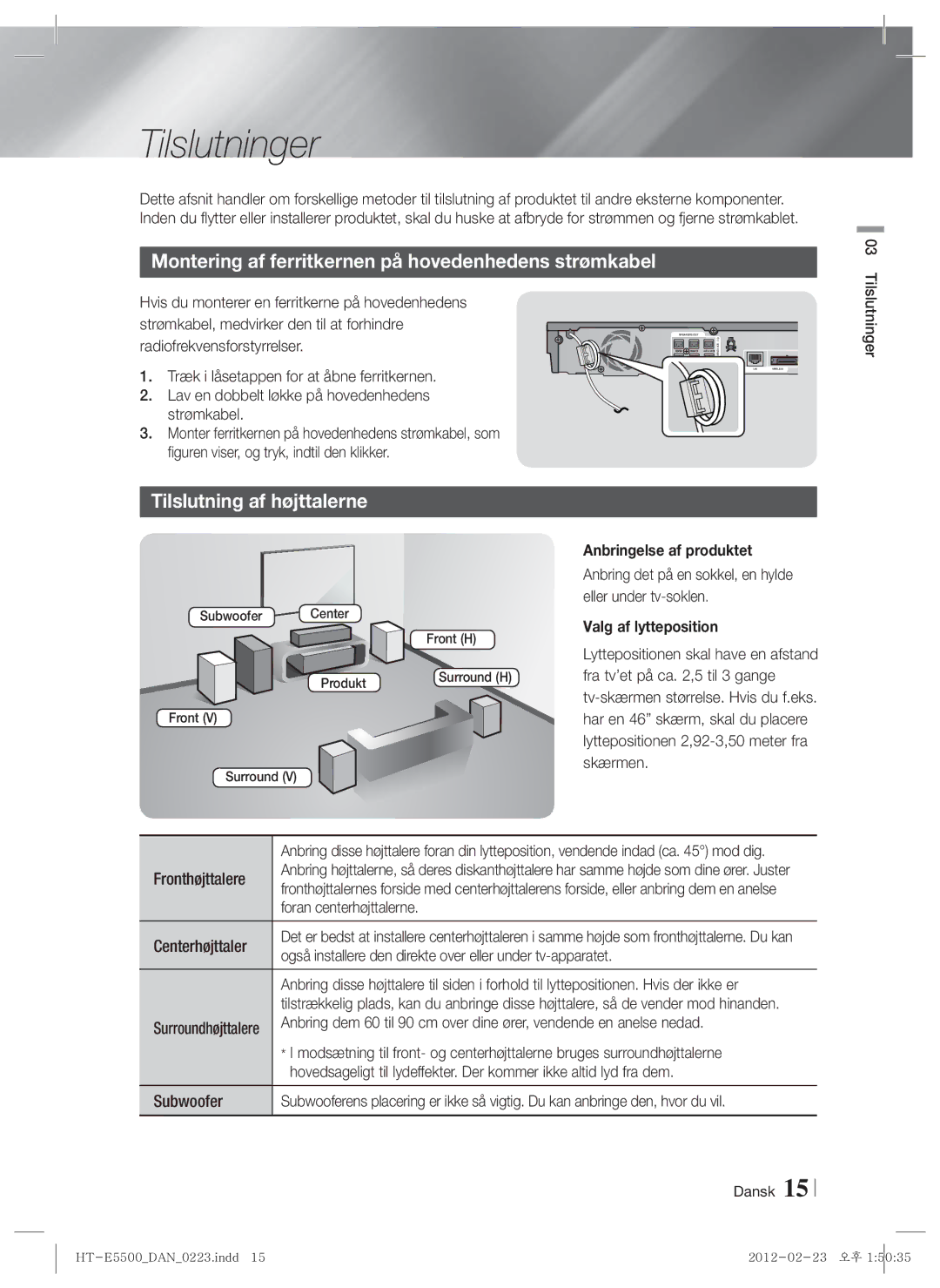 Samsung HT-E5530/XE manual Tilslutninger, Tilslutning af højttalerne, Anbringelse af produktet, Valg af lytteposition 