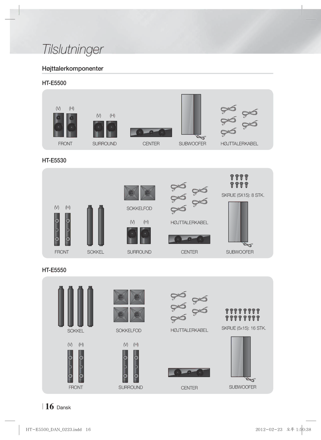 Samsung HT-E5500/XE, HT-E5550/XE, HT-E5530/XE manual Højttalerkomponenter, Skrue 5X15 8 STK 