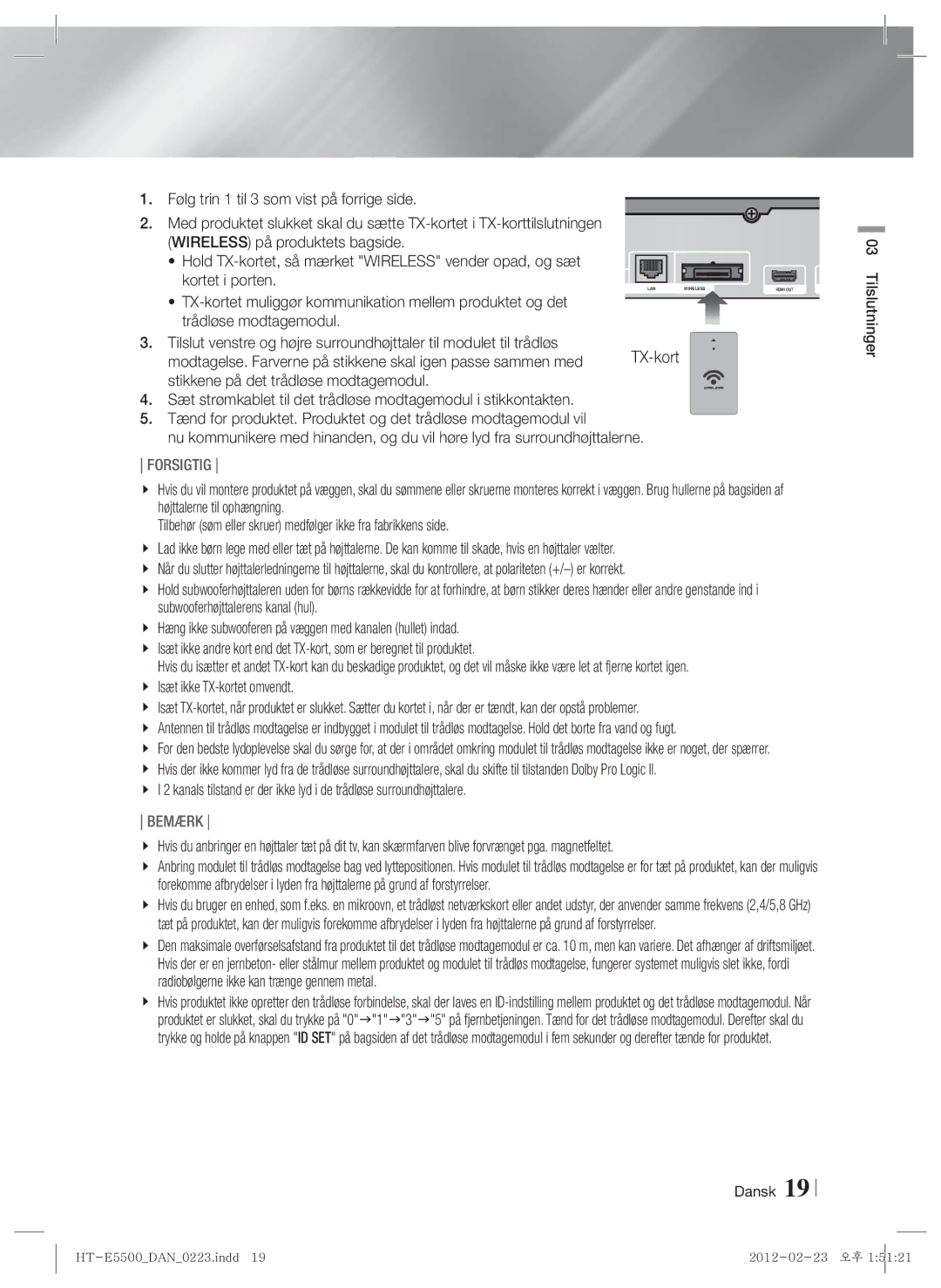 Samsung HT-E5500/XE, HT-E5550/XE, HT-E5530/XE manual Forsigtig 