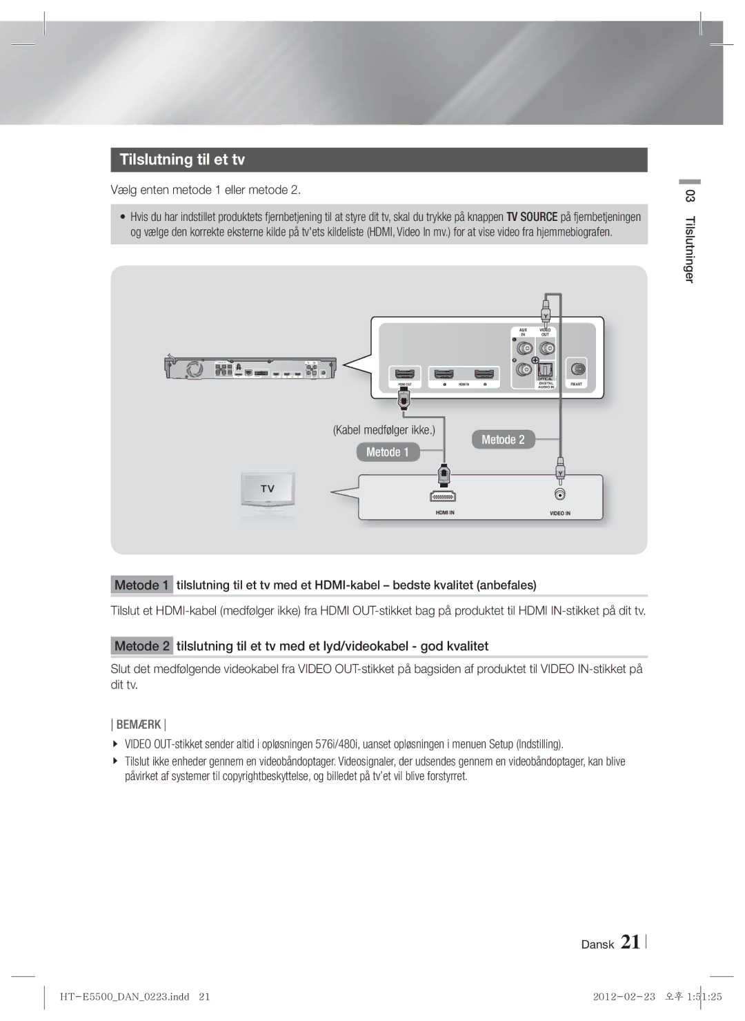 Samsung HT-E5530/XE, HT-E5500/XE, HT-E5550/XE manual Tilslutning til et tv, Vælg enten metode 1 eller metode 