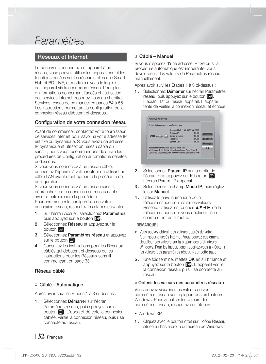 Samsung HT-E5530/EN, HT-E5500/XN Réseaux et Internet, Configuration de votre connexion réseau, Réseau câblé, Windows XP 