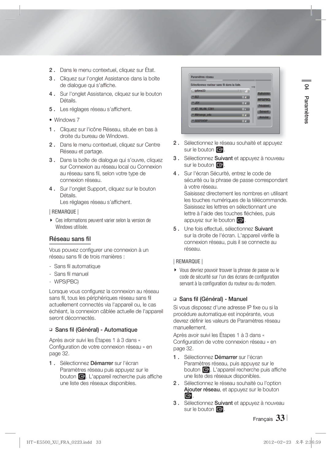 Samsung HT-E5500/EN, HT-E5500/XN, HT-E5550/EN, HT-E5530/XN, HT-E5550/TK, HT-E5530/EN, HT-E5550/ZF manual Réseau sans fil, Wpspbc 