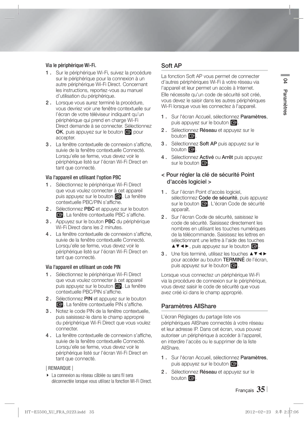 Samsung HT-E5530/ZF, HT-E5500/XN, HT-E5550/EN Paramètres AllShare, Pour régler la clé de sécurité Point daccès logiciel 