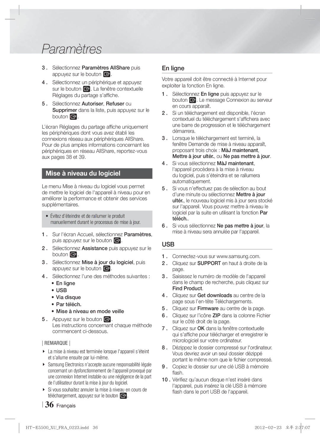 Samsung HT-E5500/ZF, HT-E5500/XN Mise à niveau du logiciel, En ligne, Usb, Dézippez le dossier compressé sur lordinateur 