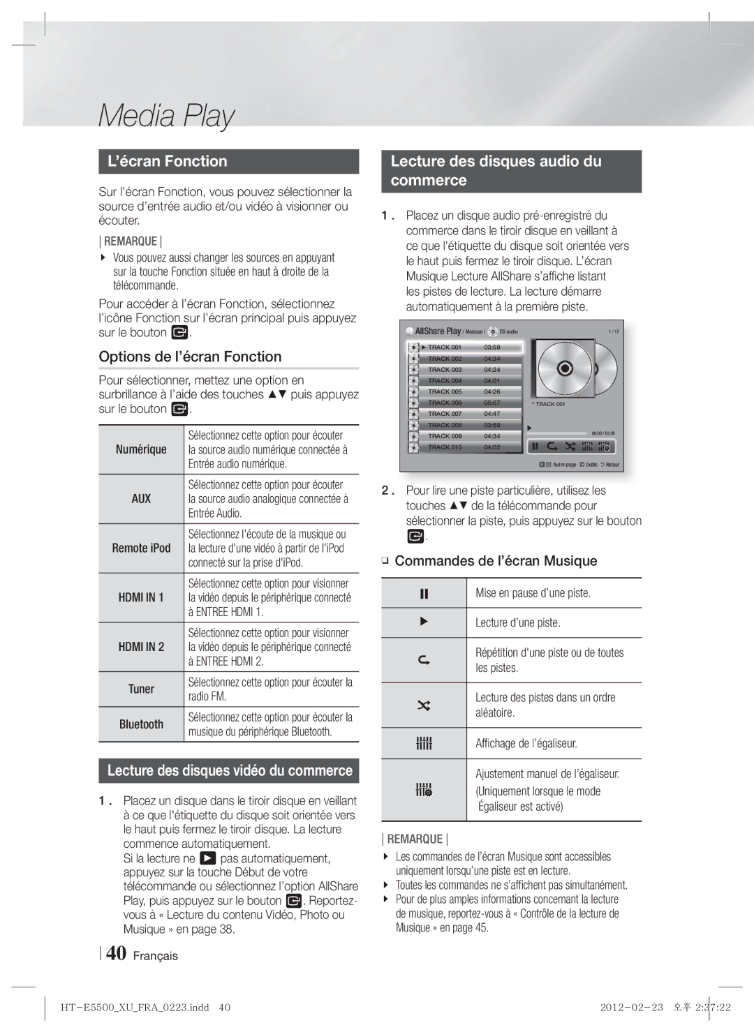 Samsung HT-E5500/XN Options de l’écran Fonction, Lecture des disques audio du Commerce, Commandes de l’écran Musique 