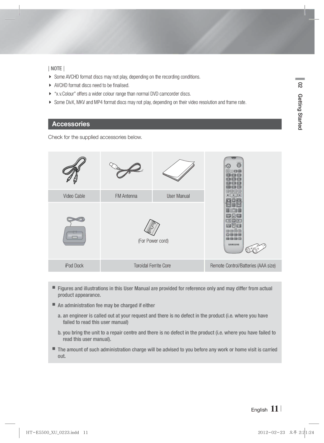 Samsung HT-E5530/XE manual Accessories, Check for the supplied accessories below, For Power cord, Toroidal Ferrite Core 