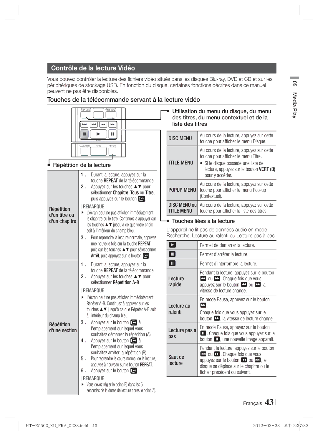 Samsung HT-E5550/TK, HT-E5500/XN manual Contrôle de la lecture Vidéo, Touches de la télécommande servant à la lecture vidéo 