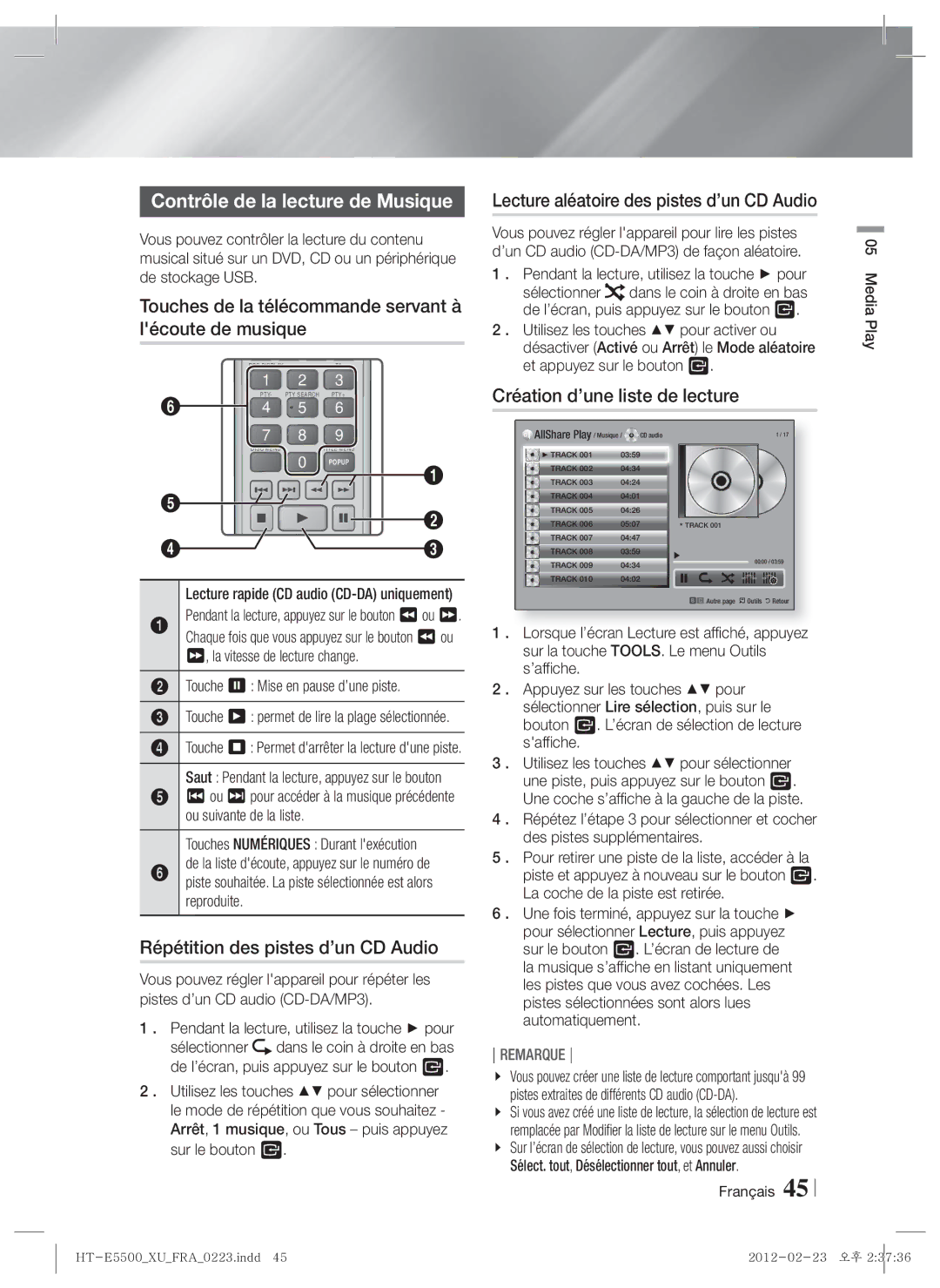 Samsung HT-E5500/EN manual Contrôle de la lecture de Musique, Touches de la télécommande servant à lécoute de musique 