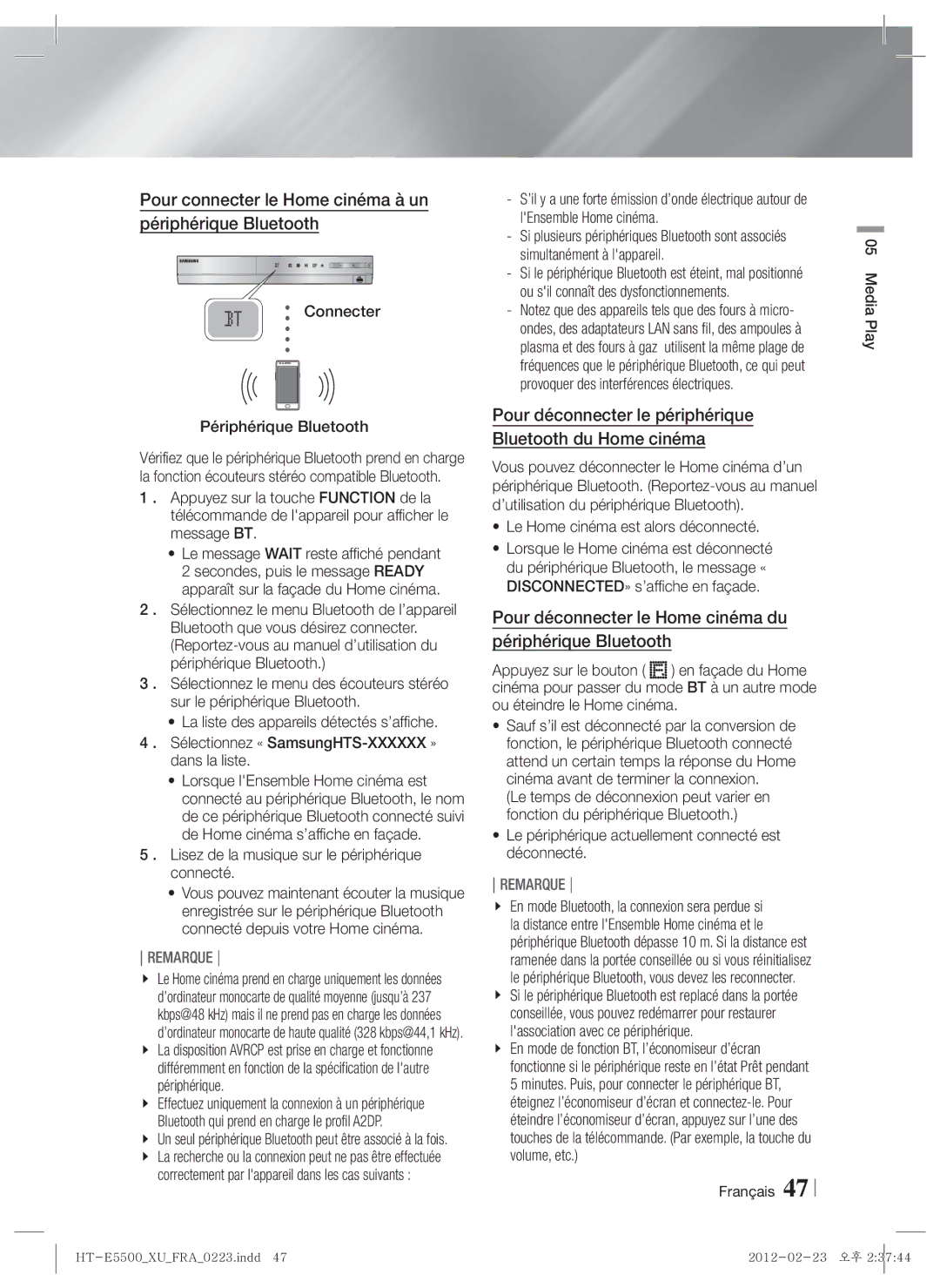 Samsung HT-E5530/ZF, HT-E5500/XN, HT-E5550/EN, HT-E5530/XN manual Pour connecter le Home cinéma à un périphérique Bluetooth 