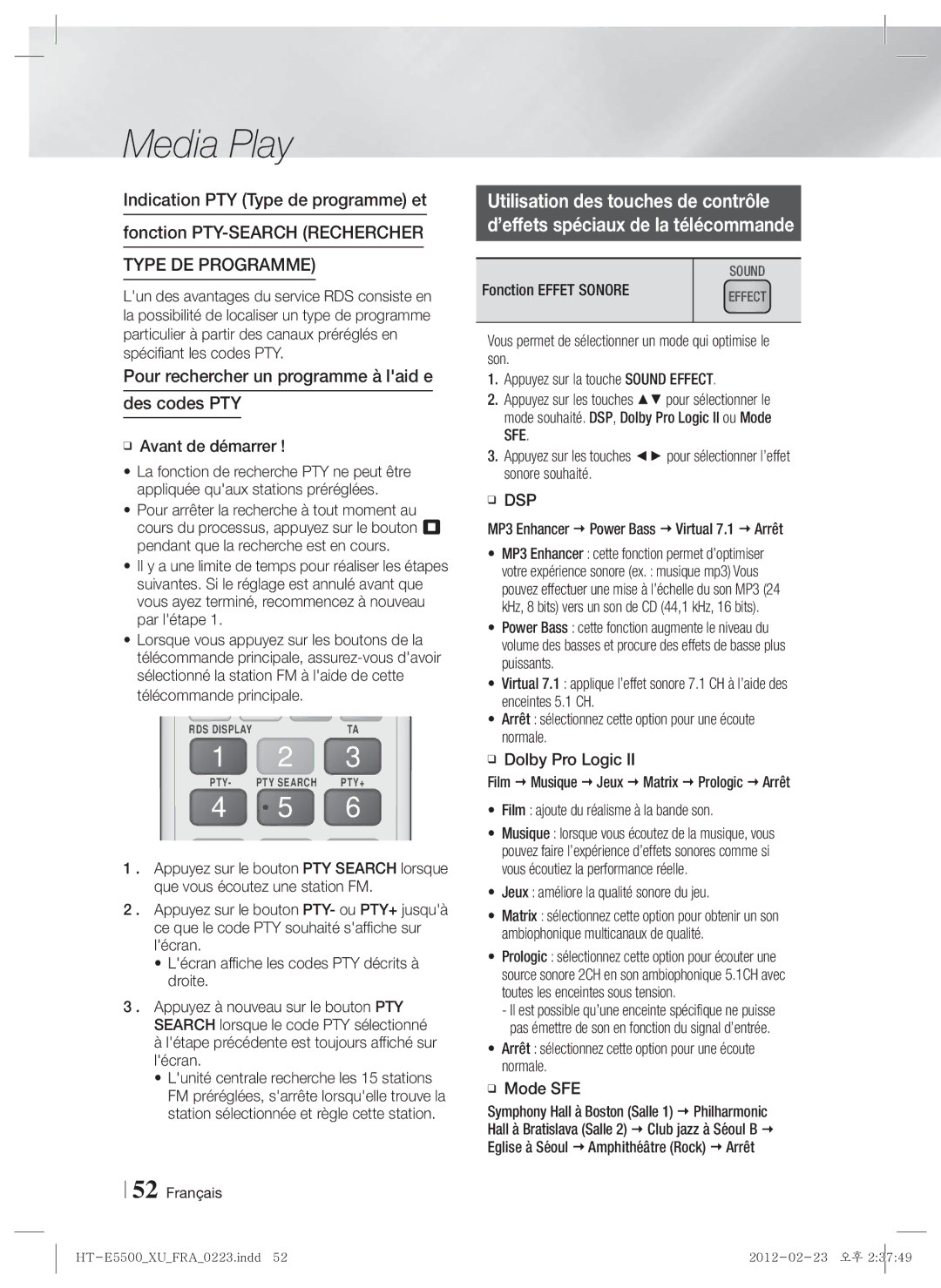 Samsung HT-E5500/XN manual Pour rechercher un programme à laid e Des codes PTY, Avant de démarrer, Fonction Effet Sonore 