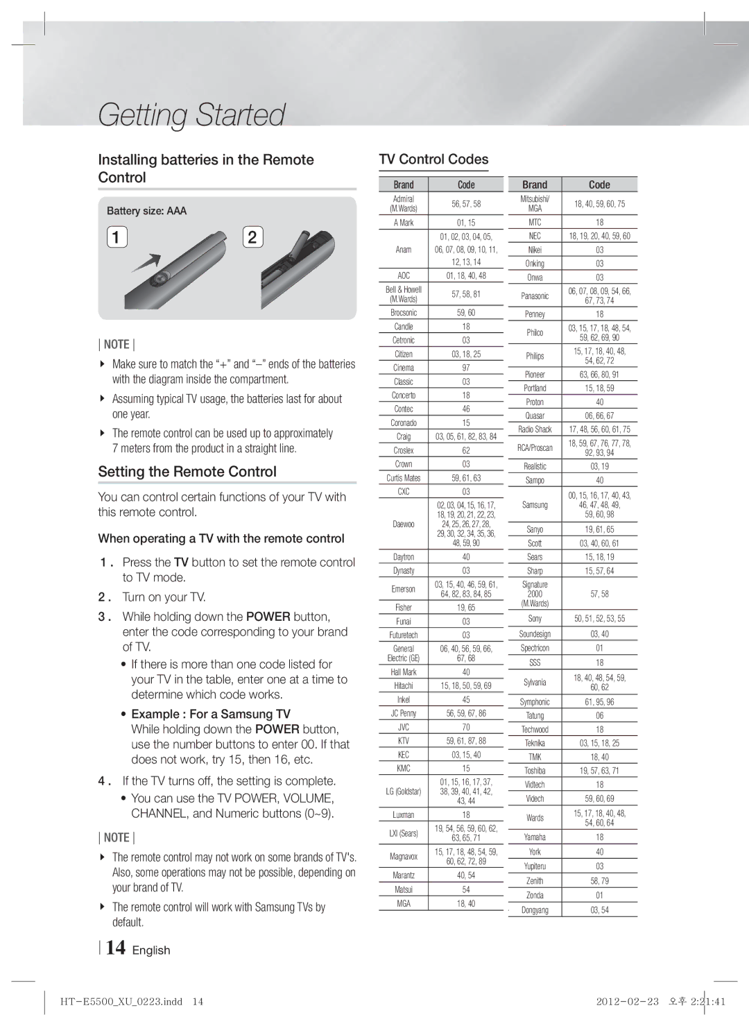 Samsung HT-E5530/XN, HT-E5500/XN Installing batteries in the Remote Control, Setting the Remote Control, TV Control Codes 