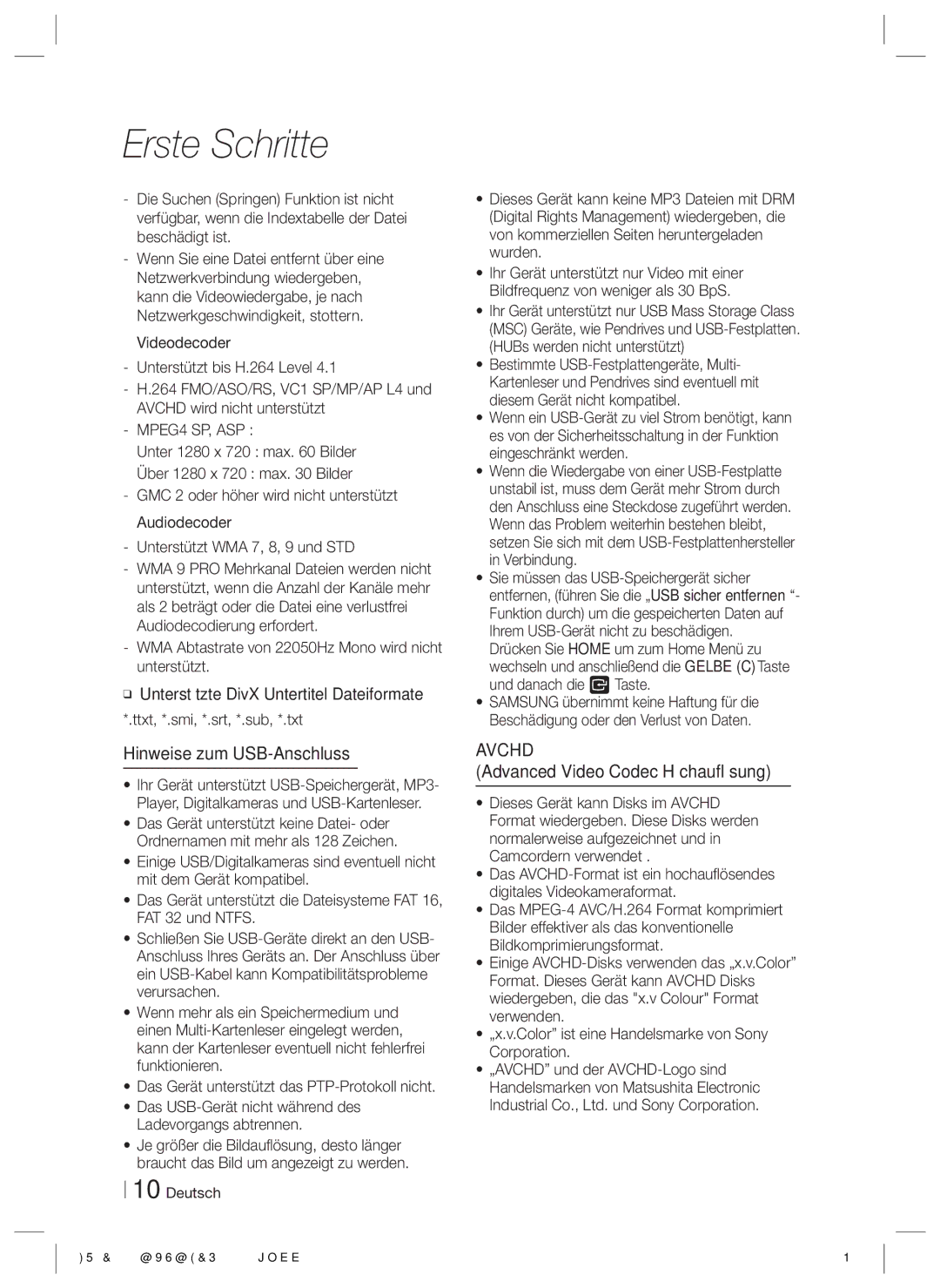 Samsung HT-E5530/XN, HT-E5500/XN, HT-E5550/EN, HT-E5550/TK Hinweise zum USB-Anschluss, Advanced Video Codec Höchauflösung 