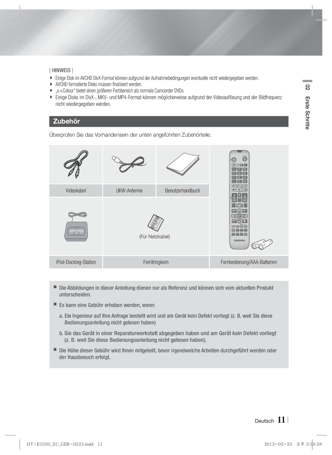 Samsung HT-E5550/TK, HT-E5500/XN, HT-E5550/EN, HT-E5530/XN manual Zubehör, Benutzerhandbuch, Ferritringkern, Für Netzkabel 