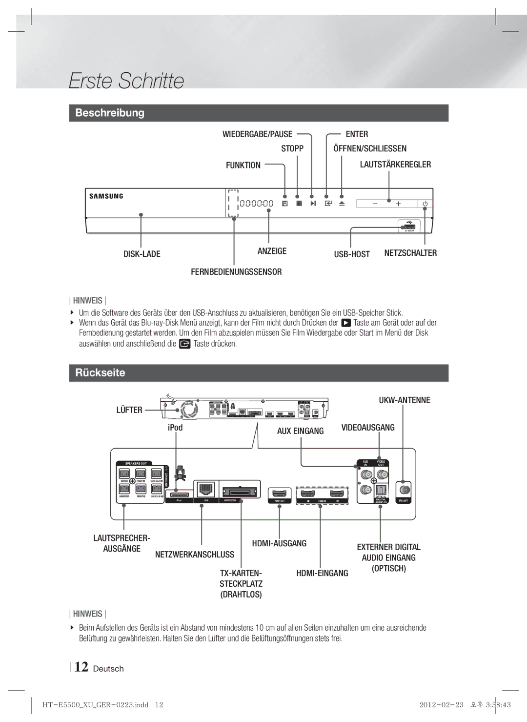 Samsung HT-E5530/EN, HT-E5500/XN, HT-E5550/EN, HT-E5530/XN, HT-E5550/TK, HT-E5500/EN, HT-E5550/ZF manual Beschreibung, Rückseite 