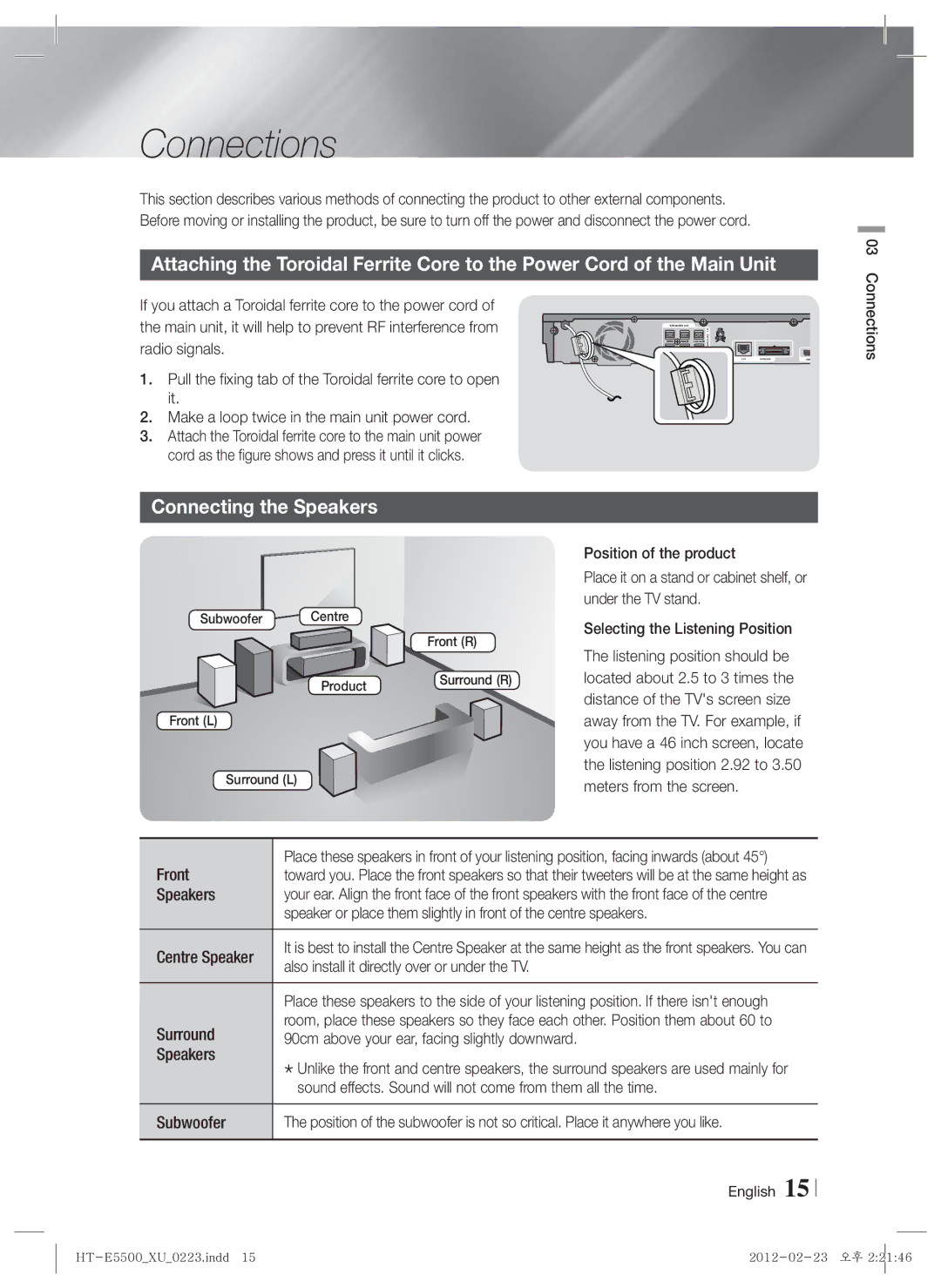 Samsung HT-E5550/TK, HT-E5500/XN, HT-E5550/EN, HT-E5530/XN, HT-E5530/EN, HT-E5500/EN manual Connections, Connecting the Speakers 