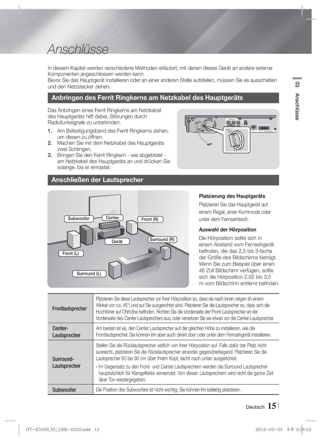 Samsung HT-E5530/ZF Anschlüsse, Anbringen des Ferrit Ringkerns am Netzkabel des Hauptgeräts, Anschließen der Lautsprecher 