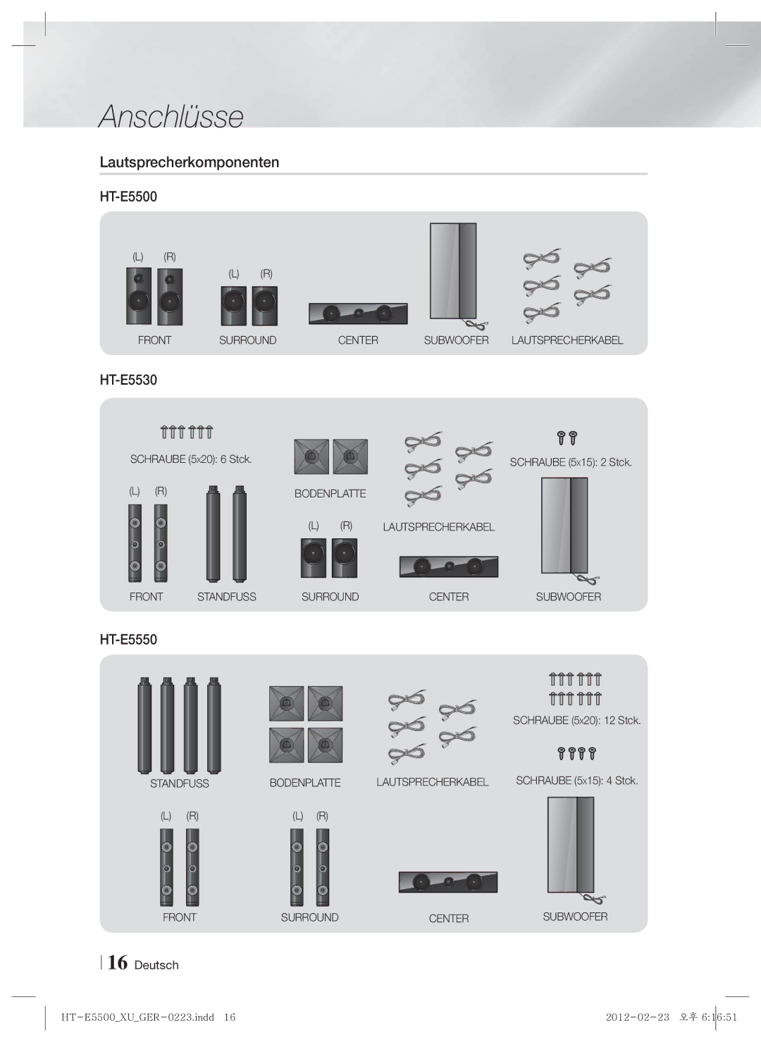 Samsung HT-E5500/ZF, HT-E5500/XN, HT-E5550/EN manual Lautsprecherkomponenten, Schraube 5X20 6 Stck Schraube 5X15 2 Stck 