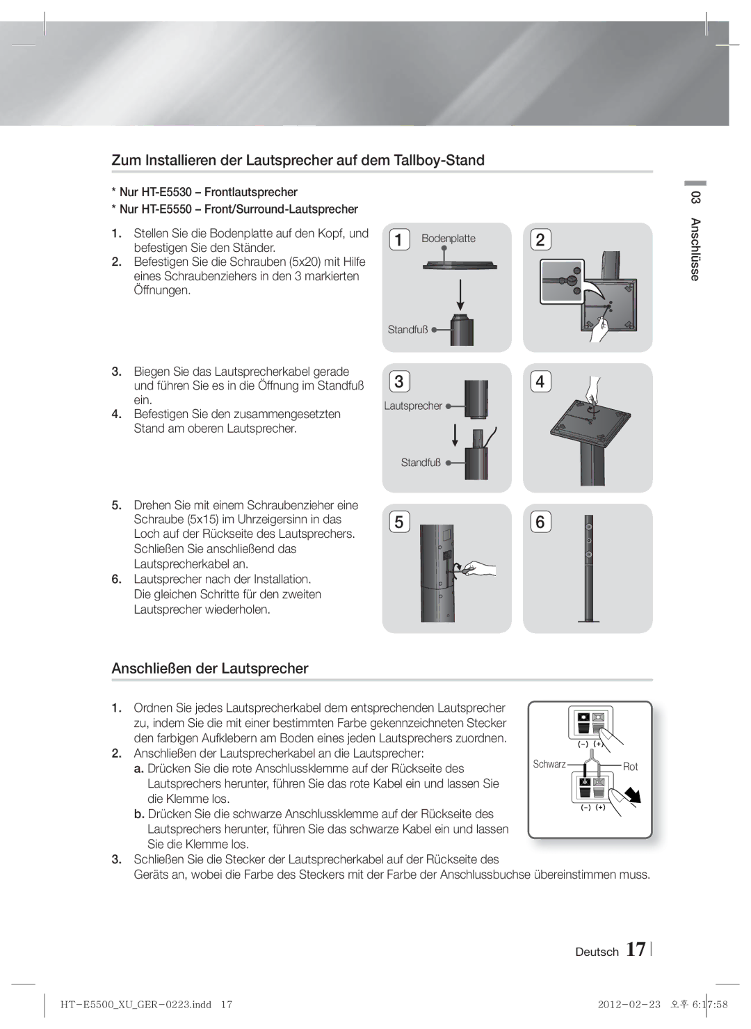 Samsung HT-E5500/XE manual Zum Installieren der Lautsprecher auf dem Tallboy-Stand, Anschließen der Lautsprecher, Öffnungen 