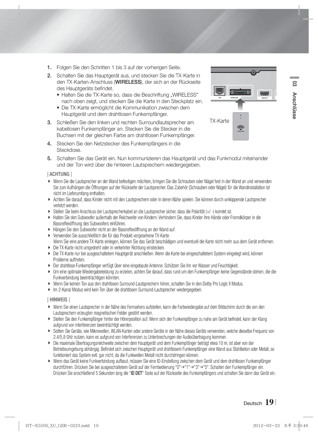 Samsung HT-E5530/XE, HT-E5500/XN, HT-E5550/EN, HT-E5530/XN, HT-E5550/TK, HT-E5530/EN, HT-E5500/EN, HT-E5550/ZF TX-Karte, Achtung 